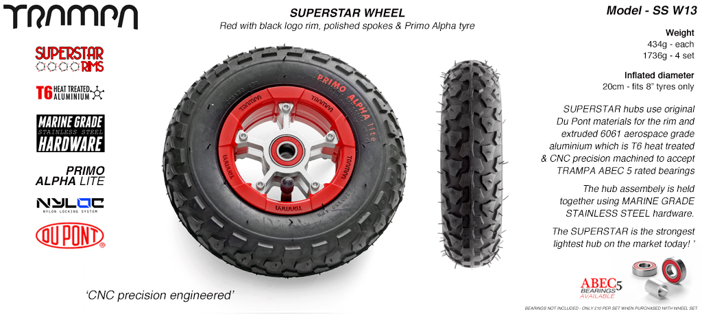 Superstar 8 inch wheel - Red Gloss Rim with Silver Anodised spokes & Black Alpha 8 Inch Tyres