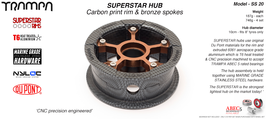 SUPERSTAR Hub 3.75 x 2 Inch - Carbon print Rim with Bronze anodised Spokes & Marine Grade Stainless Steel Bolt kit