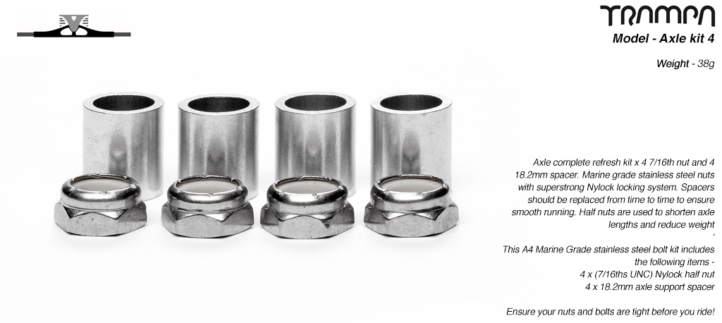 12mm ATB Axle refresh kit - 4x 7/16ths Stainless Steel Half nut with Nylock & 4x 12 x 18.2mm Wheel support spacer 