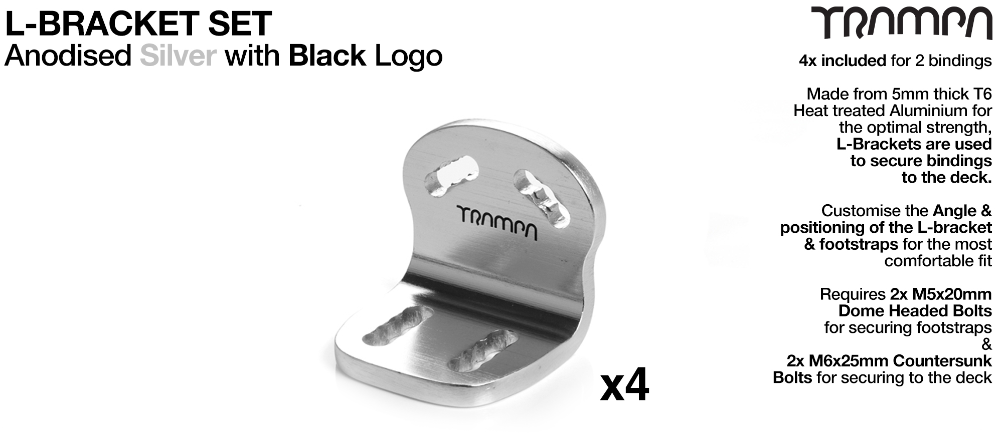 L Bracket - Anodised SILVER with BLACK logo x 4