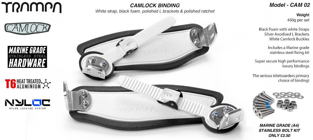 Camlock Bindings - White straps on Black Foam SIlver L Brackets & White Camlocks