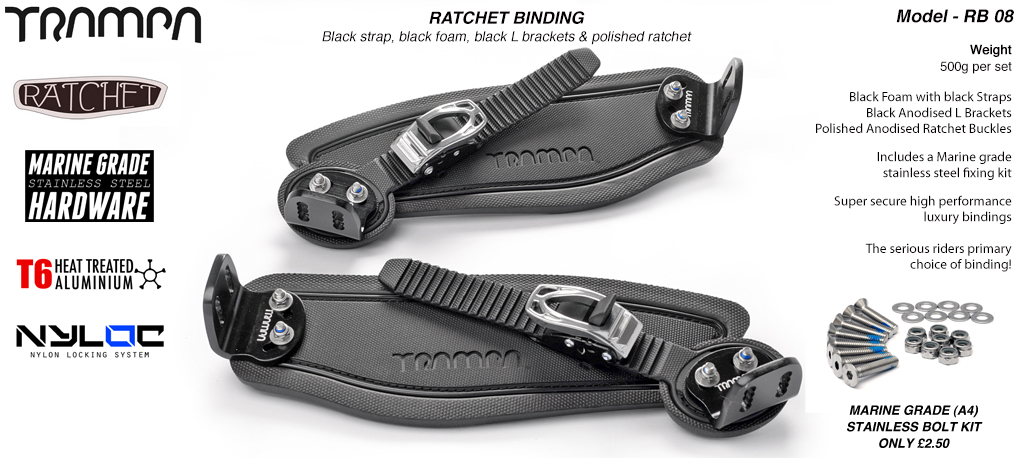 Ratchet Bindings - Black Straps on Black foam with Black L Brackets & Silver Ratchet