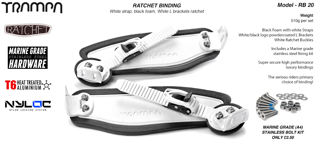 Ratchet Bindings - White Straps on Black Foam with White L Brackets & Ratchets