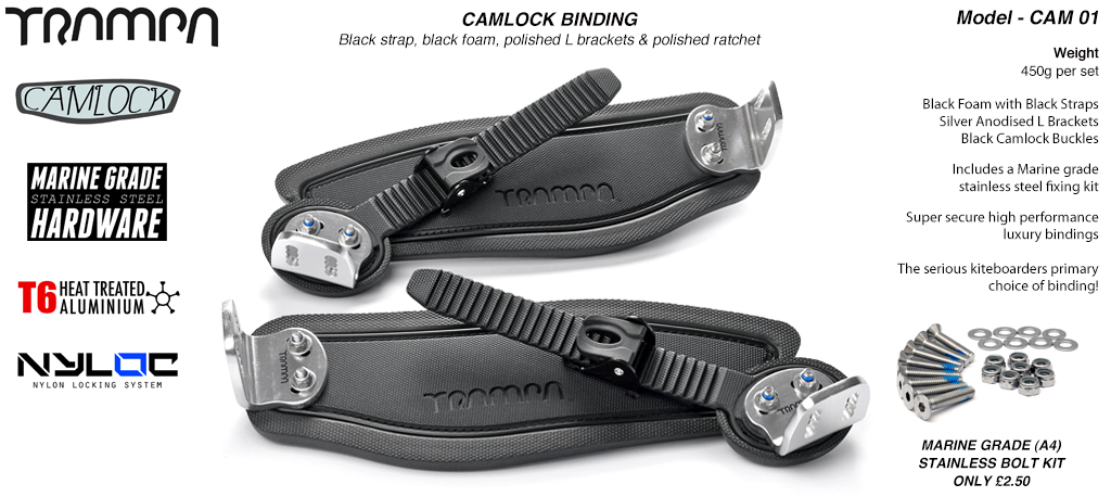 Camlock Bindings - Black Straps on Black Foam Polished L Bracket & Camlocks