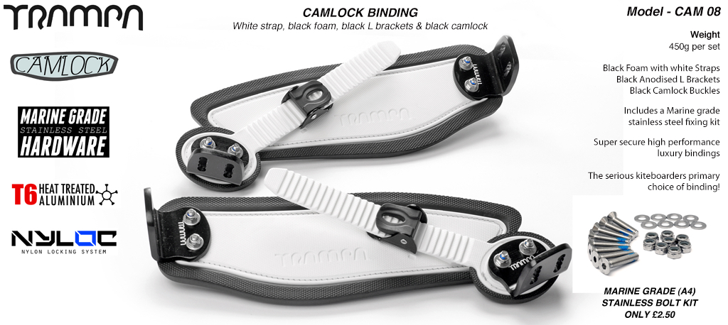 Camlock Bindings - White Straps on Black Foam Black L Brackets & Black Camlock