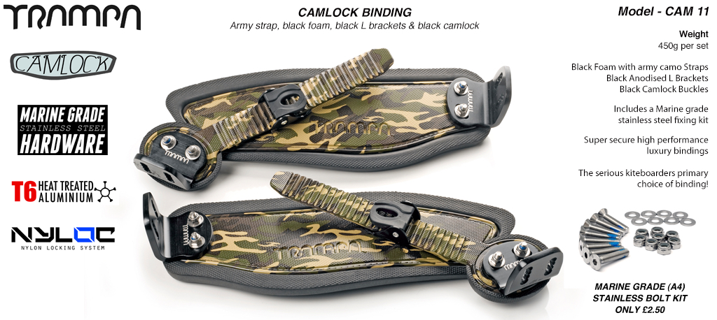 Camlock Bindings - Army camo on Black foam with Black L Brackets & Black Camlocks