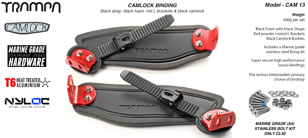 Camlock Bindings - Black straps on Black foam with Red L Brackets & Black Camlocks