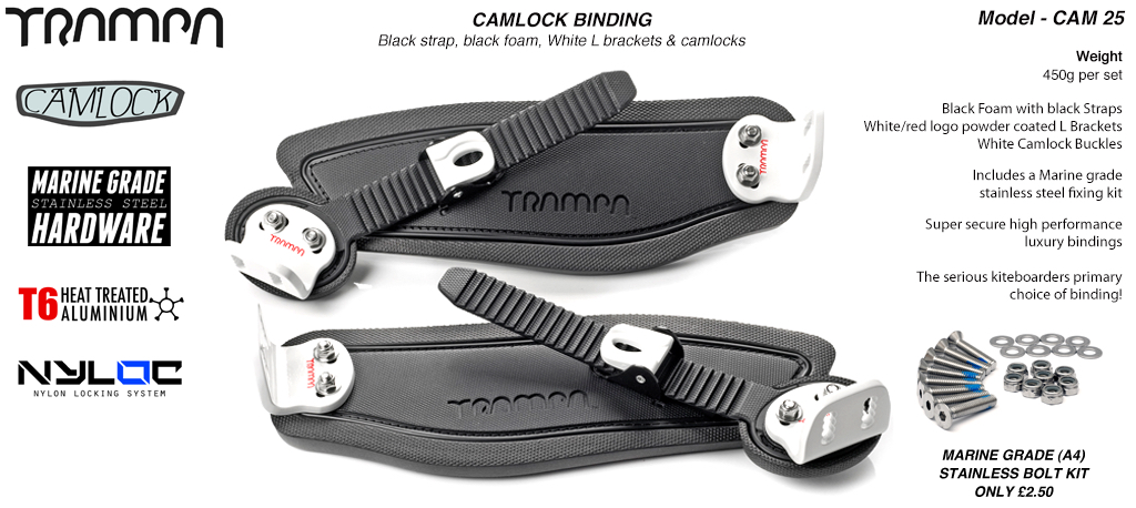 Camlock Bindings - Black Straps Black Foam White L Brackets & Black Camlocks