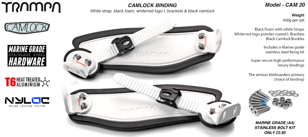 Camlock Bindings - White straps on Black Foam White L Brackets & Black Camlocks