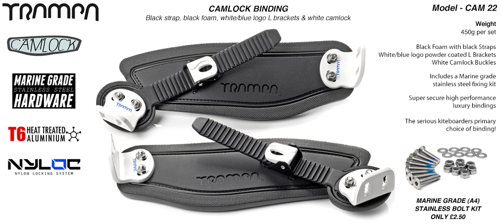 Camlock Bindings - Black straps on Black foam with White L Brackets & Black Camlocks