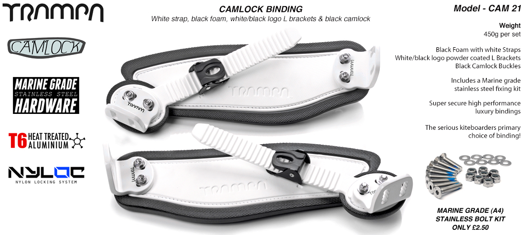 Camlock Bindings - White straps Black Foam White L Brackets & Black Camlocks