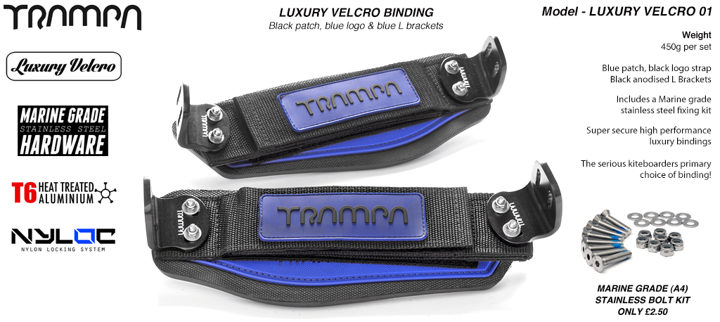 Luxury Velcro Bindings - Blue patch with Black logo velcro straps and Black L Brackets