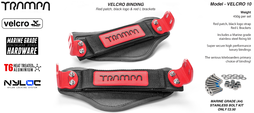 Nylon Hook Bindings - Red patch with Black logo Nylon Hook straps with Red L Brackets