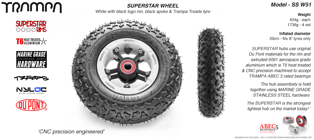 Superstar 8 inch wheel - White Gloss Rim with Black Anodised spokes & TRAMPA TREAD 8 Inch Tyres