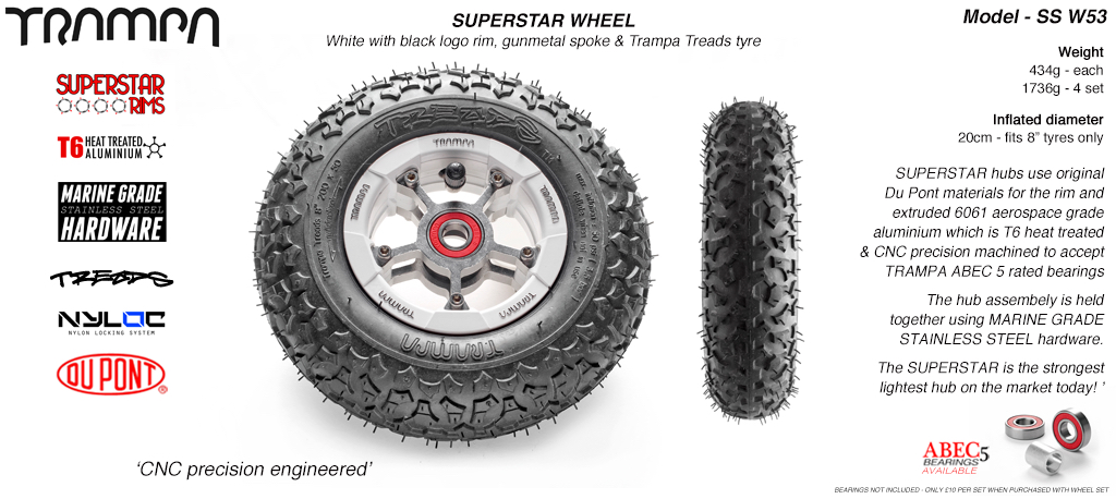 Superstar 8 inch wheel - White Gloss Rim Gunmetal Anodised spokes & TRAMPA TREAD 8 Inch Tyres