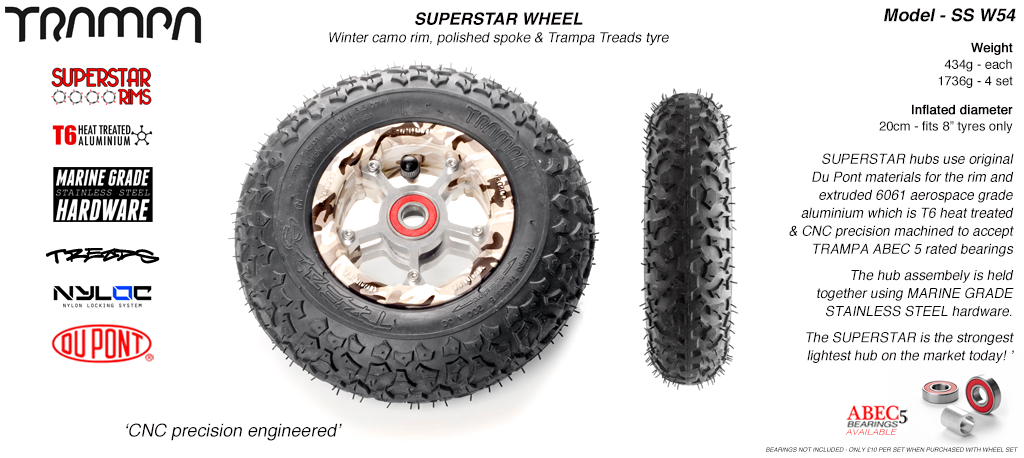 Superstar 8 inch wheel - Winter Camo Rim with Silver Anodised spokes & TRAMPA TREAD 8 Inch Tyres