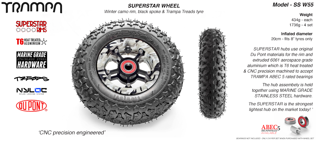 Superstar 8 inch wheel - Winter Camo Rim with Black Anodised spokes & TRAMPA TREAD 8 Inch Tyres