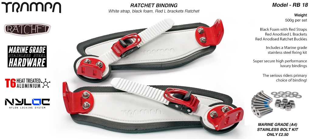 Ratchet Bindings - White Straps on Black Foam with Red L Brackets & Ratchets