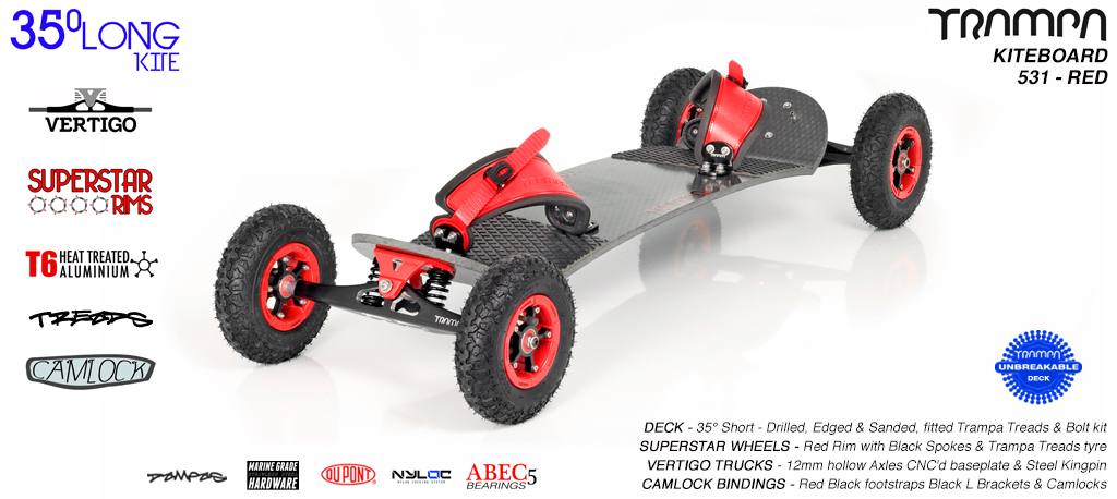 35° Long TRAMPA Deck on VERTIGO Trucks with SUPERSTAR Wheels & CAMLOCK Bindings - 531 RED KITEBOARD
