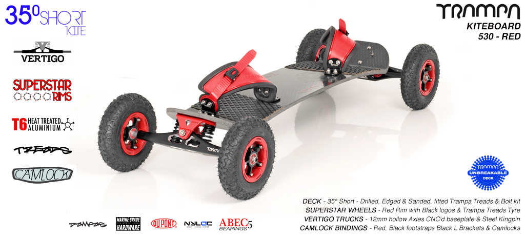 35° Short TRAMPA Deck on VERTIGO Trucks with SUPERSTAR Wheels & CAMLOCK Bindings - 530 RED KITEBOARD