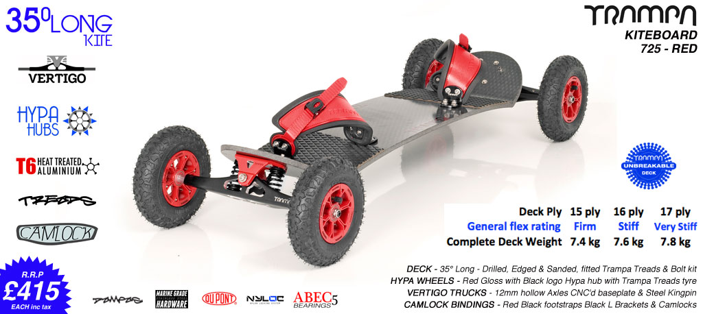 35° Long TRAMPA Deck on VERTIGO Trucks with HYPA Wheels & CAMLOCK Bindings - 725 RED KITEBOARD