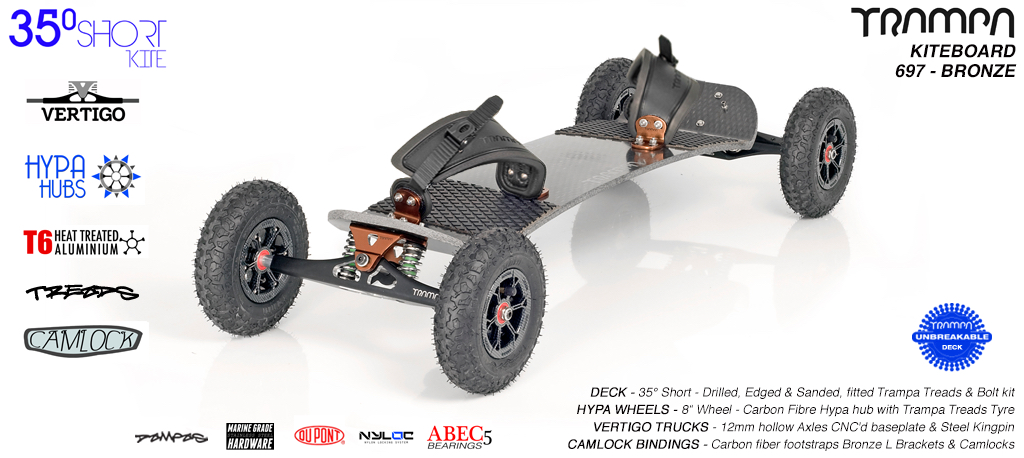 35° Short TRAMPA Deck on VERTIGO Trucks with HYPA wheels & CAMLOCK Bindings - 697 BRONZE KITEBOARD