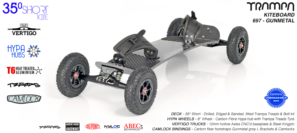 35° Short TRAMPA Deck on VERTIGO Trucks with HYPA wheels & CAMLOCK Bindings - 697 GUNMETAL KITEBOARD