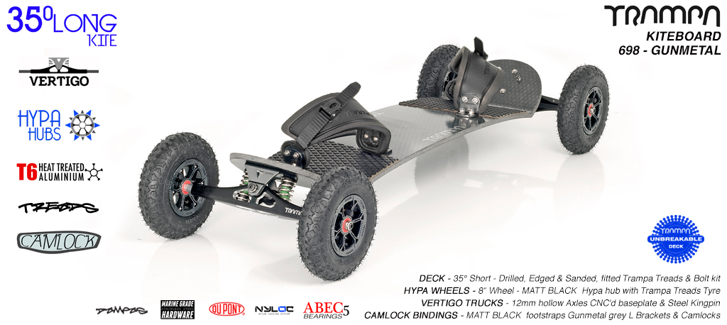 35° Long TRAMPA Deck on VERTIGO Trucks with HYPA wheels & CAMLOCK Bindings - 698 GUNMETAL KITEBOARD