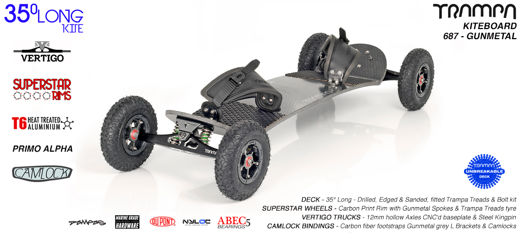 35° Long TRAMPA Deck on VERTIGO trucks with SUPERSTAR wheels & CAMLOCKs - 687 GUNMETAL KITEBOARD