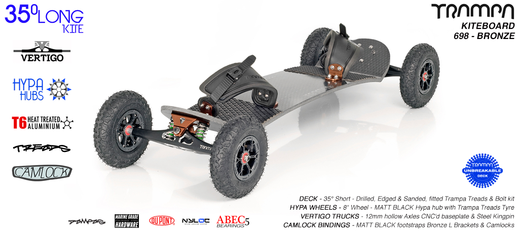 35° Long TRAMPA Deck on VERTIGO Trucks with HYPA wheels & CAMLOCK Bindings - 698 BRONZE KITEBOARD