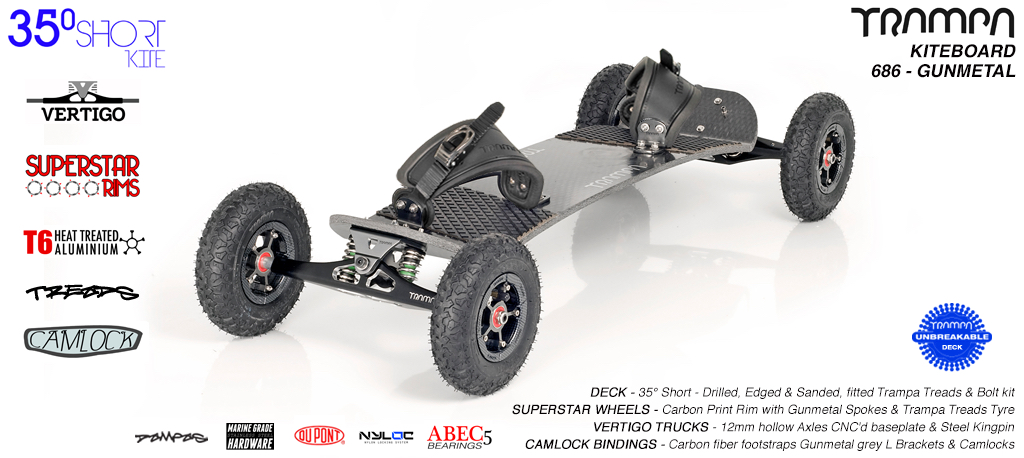 35° Short TRAMPA Deck on VERTIGO Trucks with SUPERSTAR wheels, CAMLOCKs - 686 GUNMETAL KITEBOARD