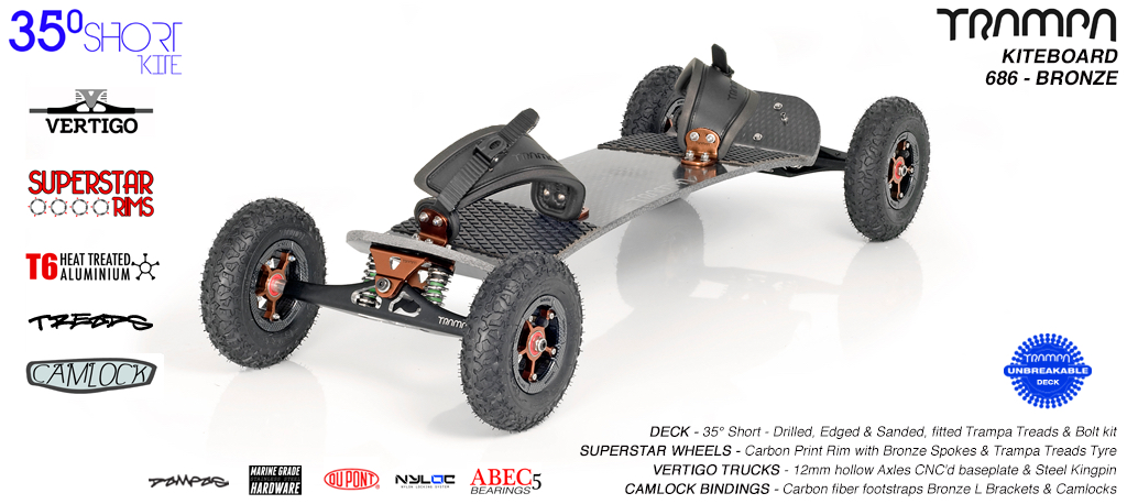 35° Short TRAMPA Deck on VERTIGO Trucks with SUPERSTAR wheels & CAMLOCK Bindings - 686 BRONZE KITEBOARD