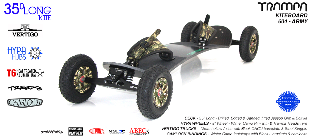 35° Long TRAMPA Deck on VERTIGO Trucks with HYPA wheels & CAMLOCK bindings - 604 ARMY KITEBOARD