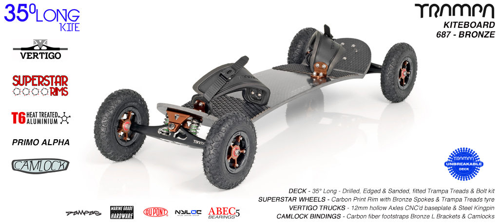 35° Long TRAMPA Deck on VERTIGO Trucks with SUPERSTAR wheels & CAMLOCK Bindings - 687 BRONZE KITEBOARD
