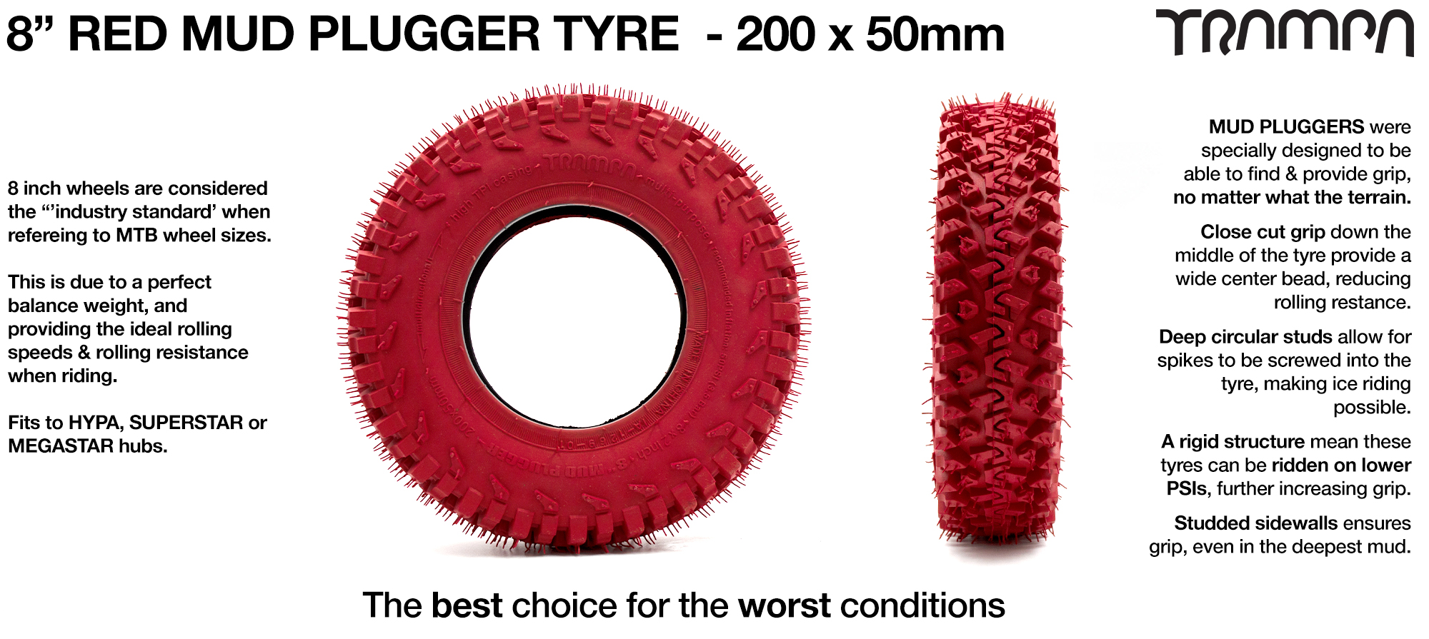 TRAMPA MUD-PLUGGER 8 Inch Tyre measure 3.75x 2x 8 Inch or 200x50mm with 3.75 inch Rim fits all 3.75 inch Hubs