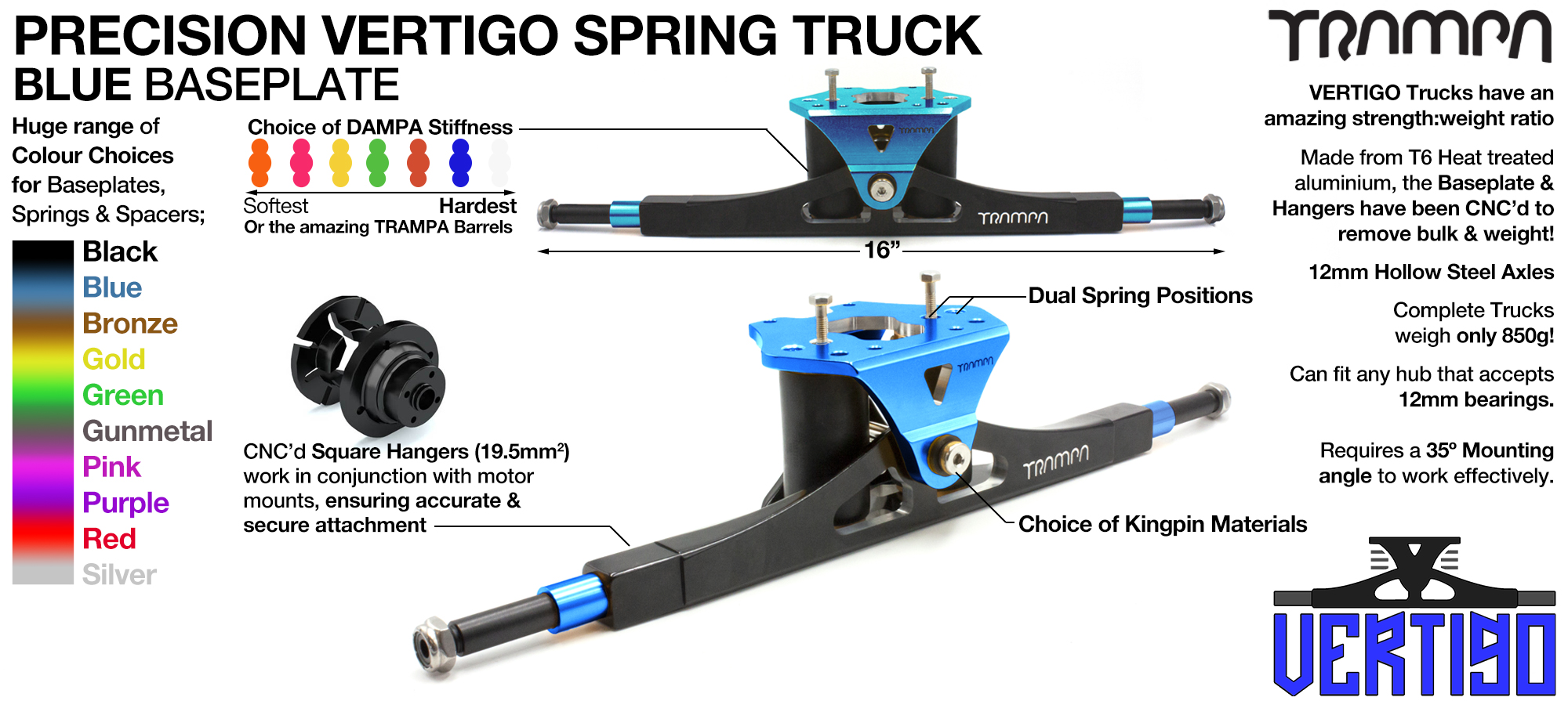 CNC Precision VERTIGO ATB Mountainboard TRUCK - 16.5 Inch Wide with 12mm Hollow Steel Axles Used when fixing Motor Mounts