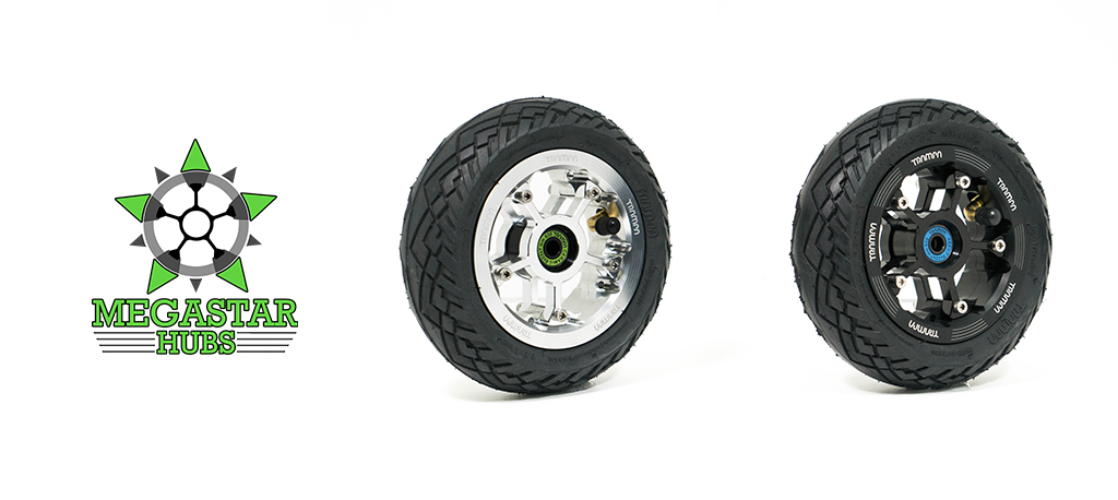 MEGASTAR 9 DEEP-DISH Rims Measure 3.75/4x 3 Inch. The Bearings are positioned OFF-SET & accept 4 Inch Rim Tyres to make 9 or 10 inch Wheels