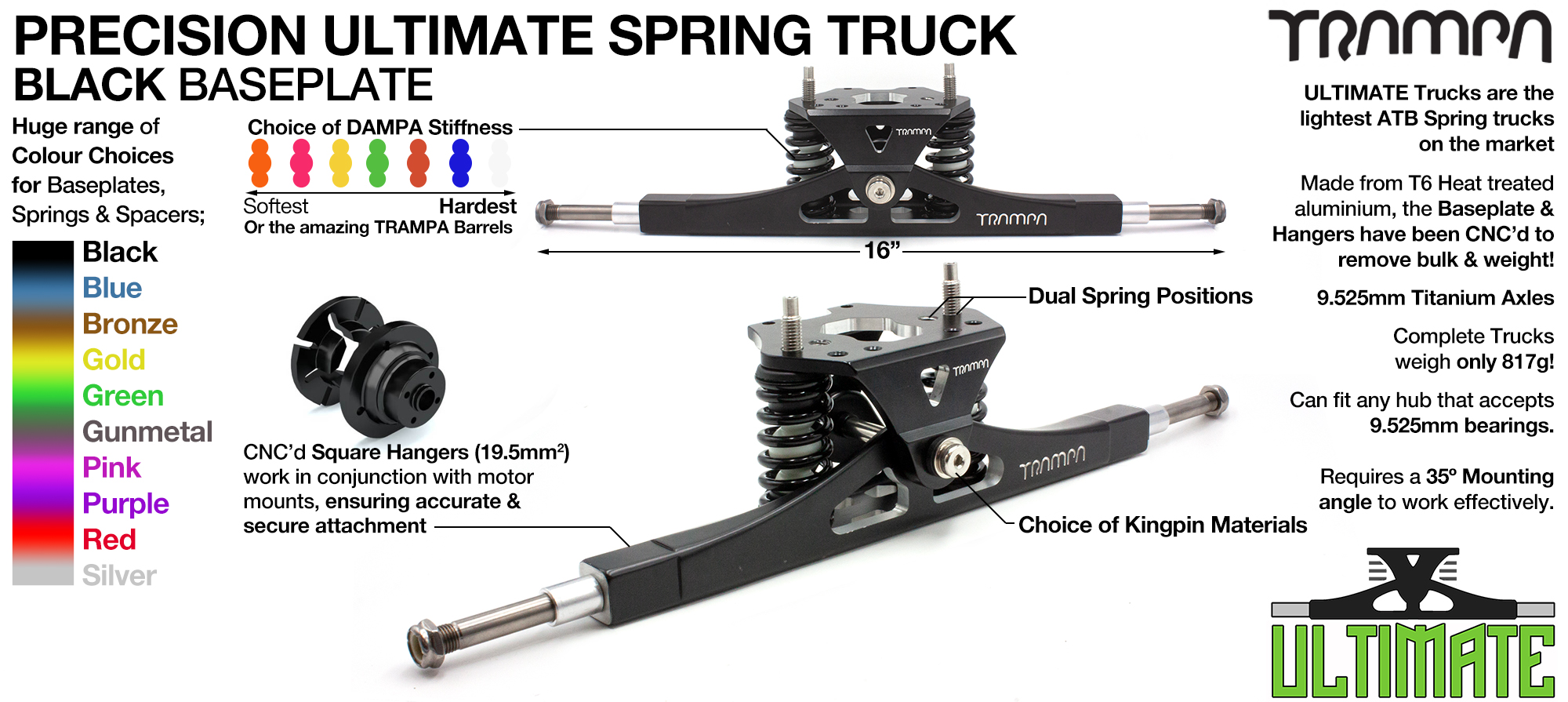 CNC Precision E-MTB Spring Truck  - 16 inch wide with 12mm Axles with Steel kingpin & choice