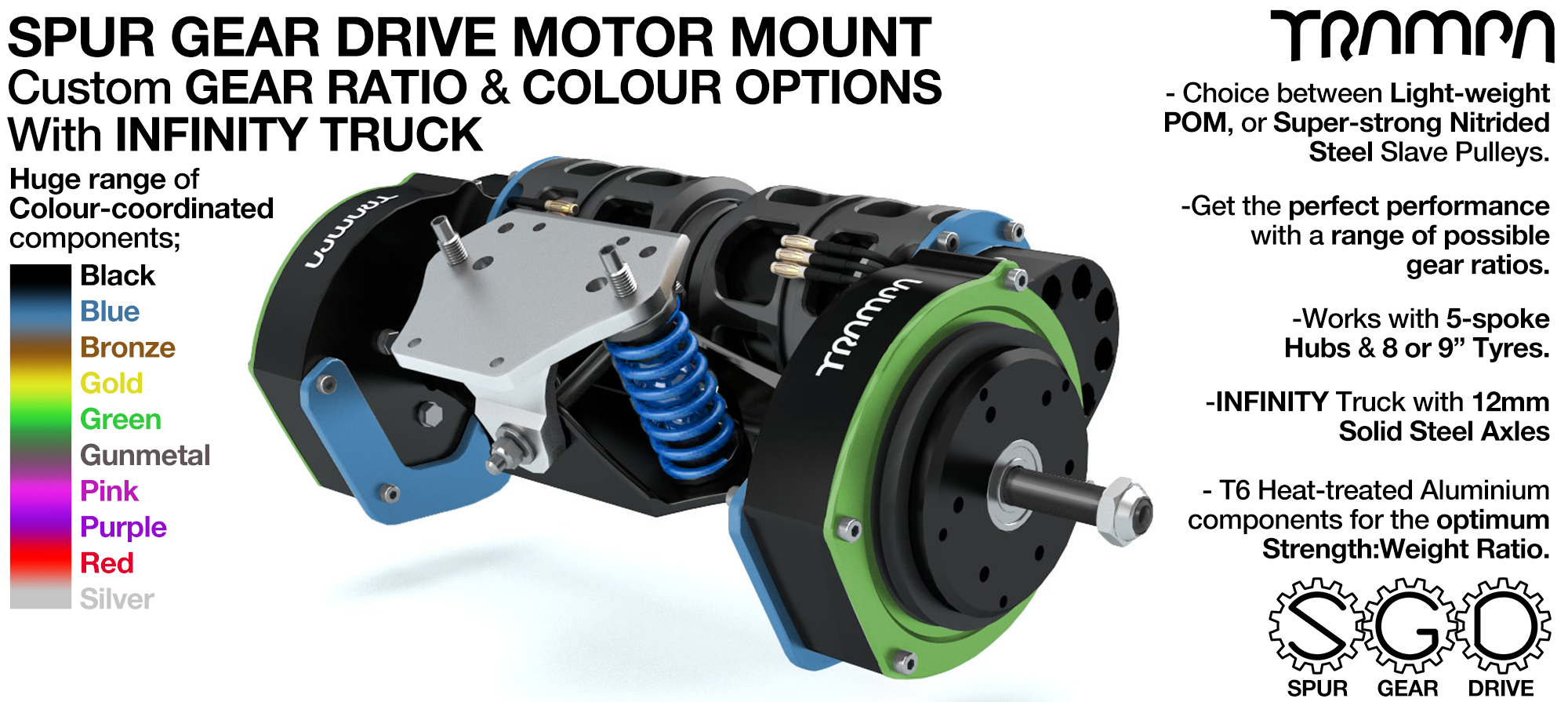 Mountainboard Spur Gear Drive TWIN Motor Mounts with Motors on a custom CHANNEL Truck 