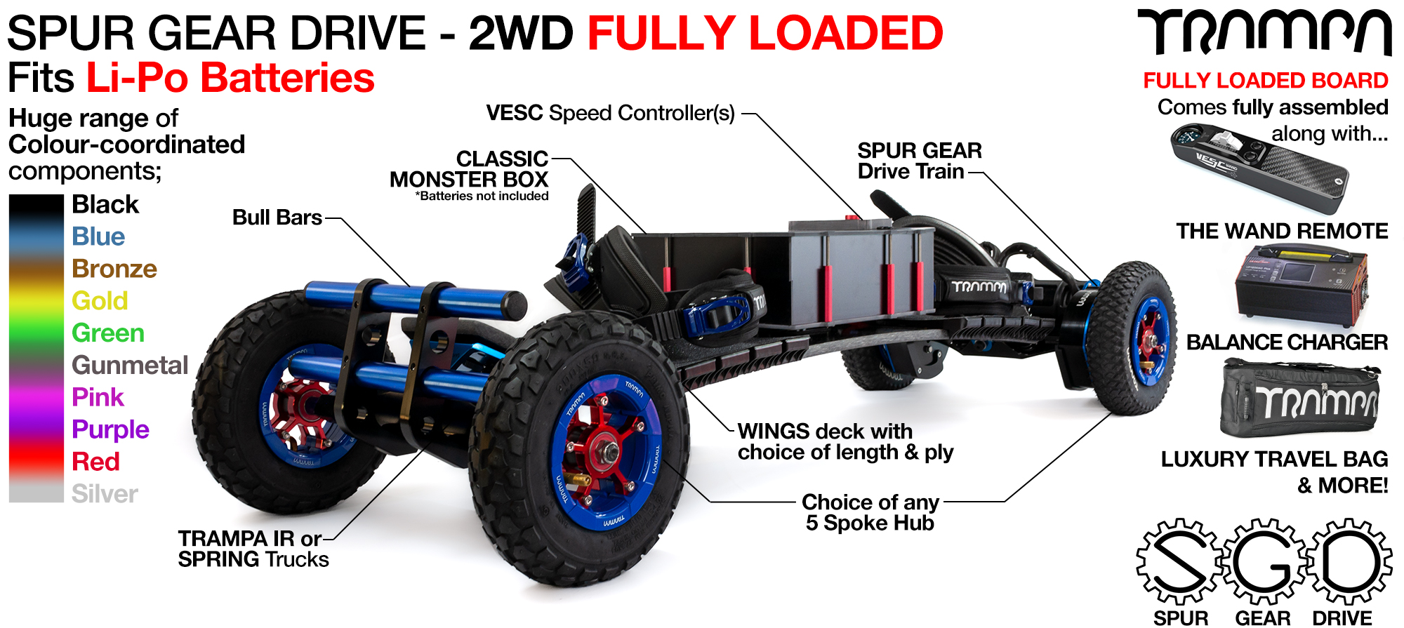 2WD SPUR GEAR DRIVE Electric Mountainboard - FULLY LOADED 12s Li-Po - Supplied with The WAND, Dual 15A Charger, Luxury Bag, assembled...  BASIC