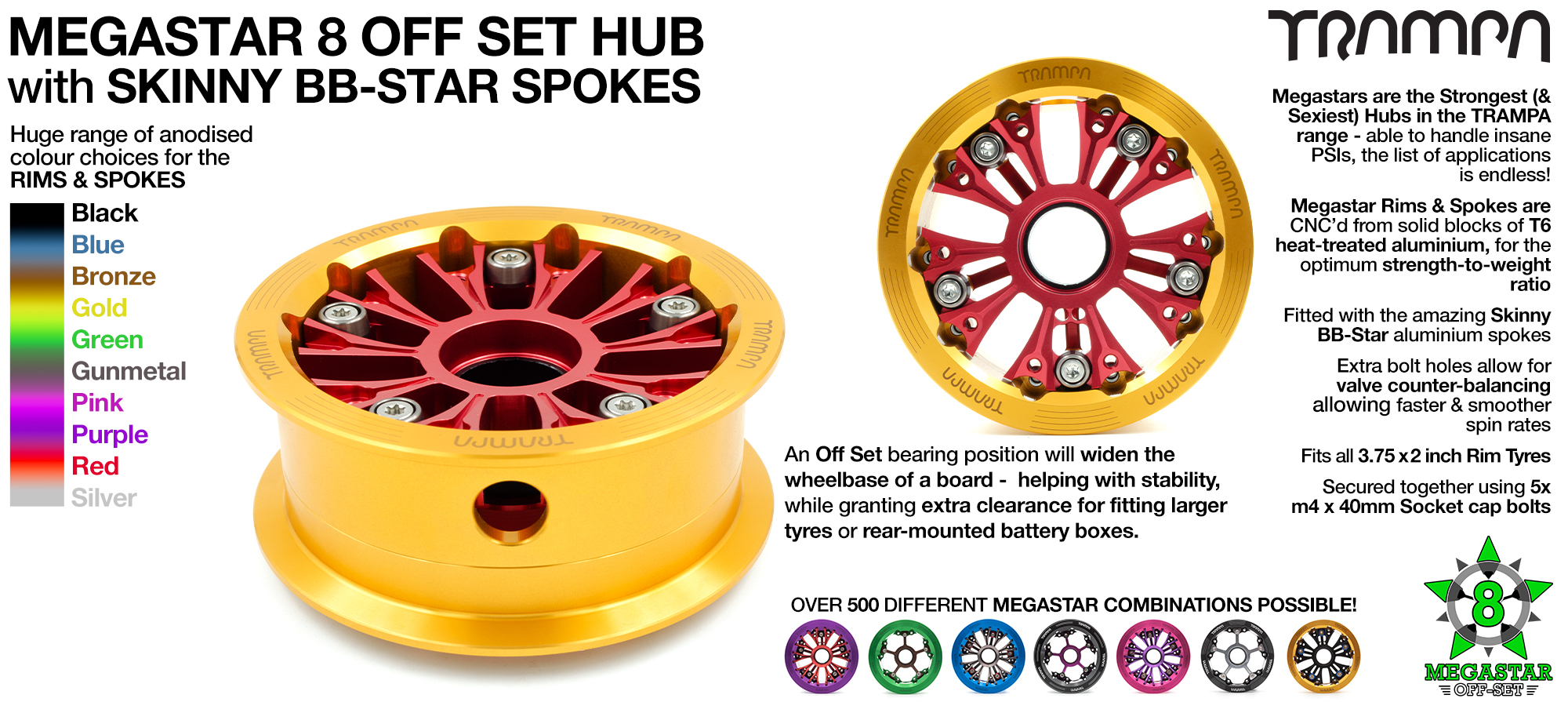 OFF-SET MEGASTAR 8 Hub with CLASSIC Spokes 3.75 x 2 Inch - Fits all TRAMPA Tyres up to 8 Inch