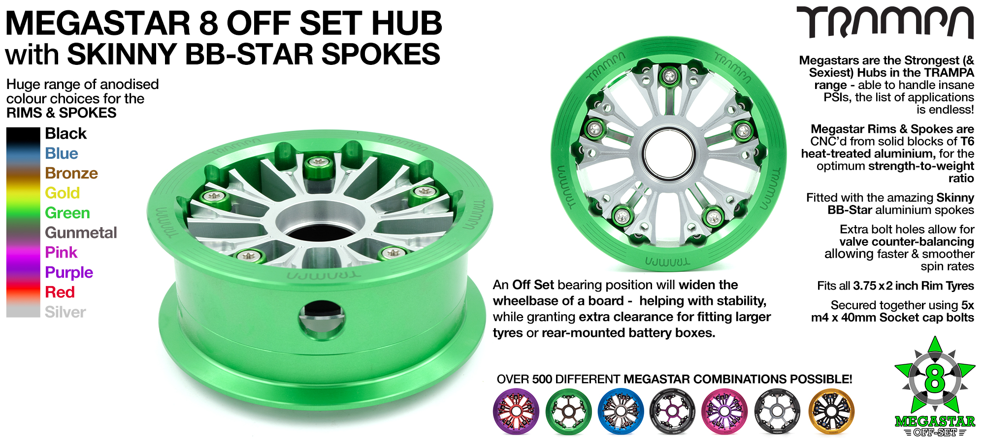 OFF-SET MEGASTAR 8 Hub with CLASSIC Spokes 3.75 x 2 Inch - Fits all TRAMPA Tyres up to 8 Inch