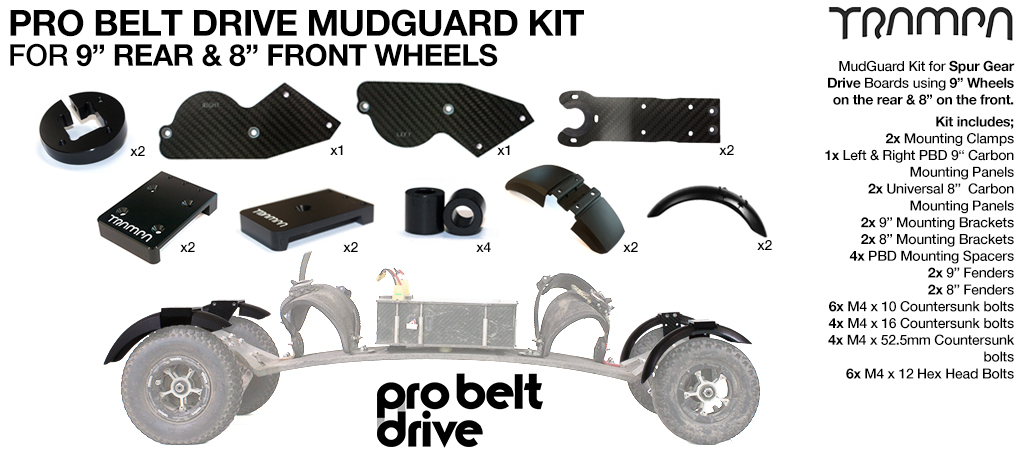 Full Mudguard Kit for 2WD PRO BELT DRIVE Mountainboards - 8" & 9" Wheels 