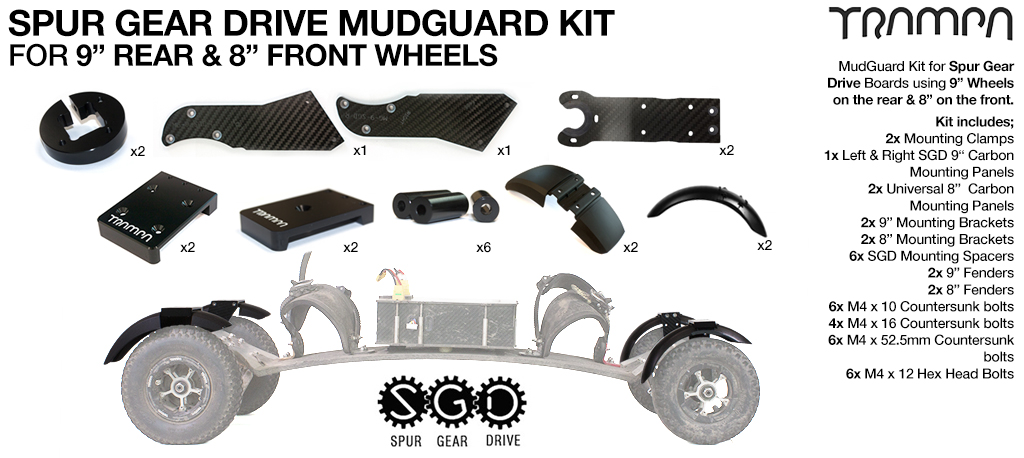 Full Mudguard Kit for 2WD SPUR GEAR DRIVE Mountainboards - 8" & 9" Wheels 