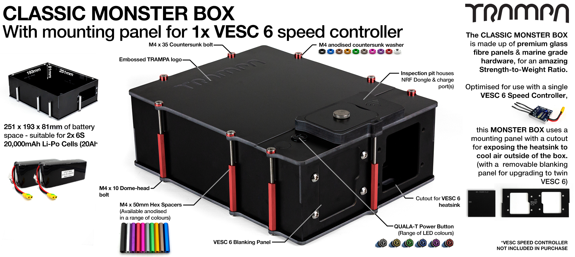 Classic MONSTER Box - 2x22Ah Li-Po cells & panel options to fit any of the TRAMPA VESC Speed controllers internally!!