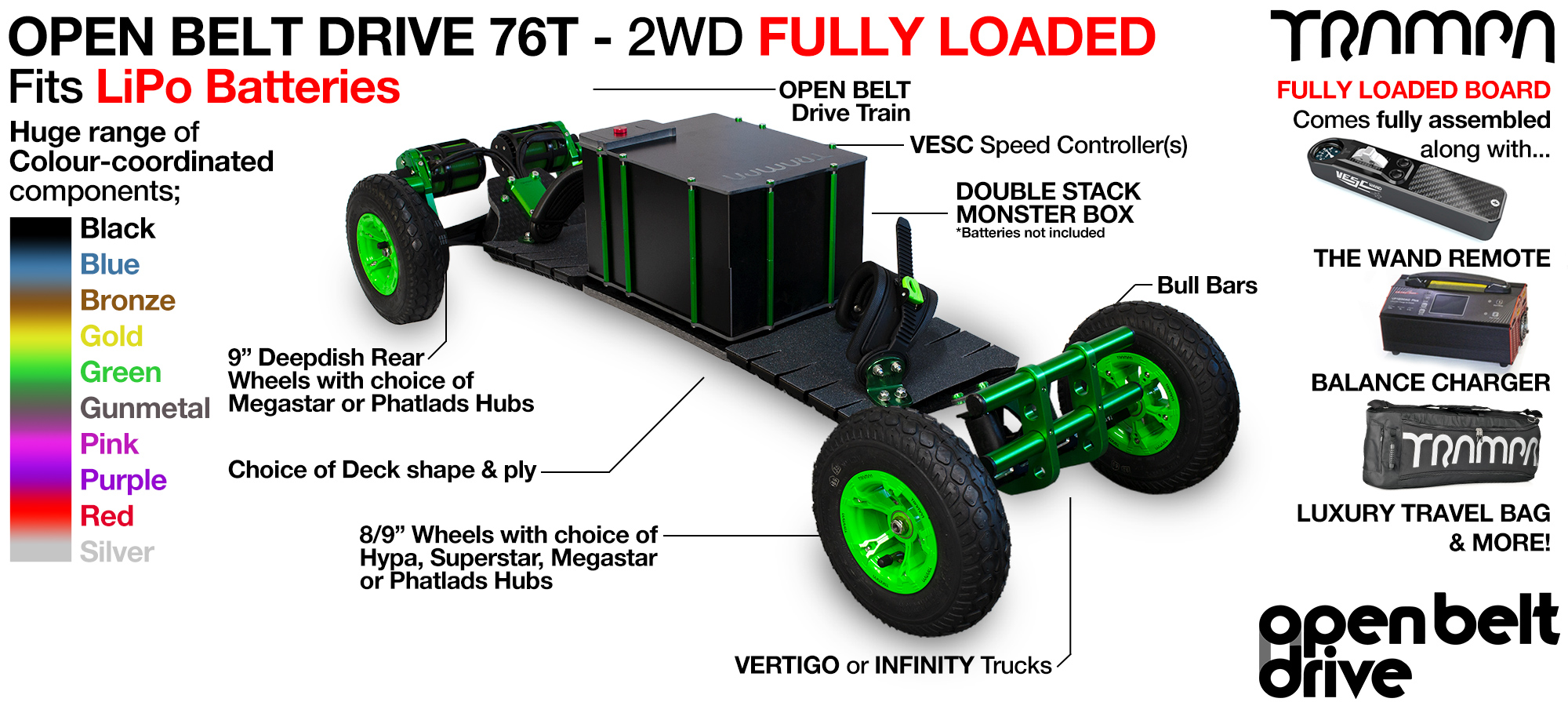 2WD 76T Open Belt Drive TRAMPA Electric Mountainboard with 8 or 9 Inch Wheels - FULLY LOADED Li-Po
