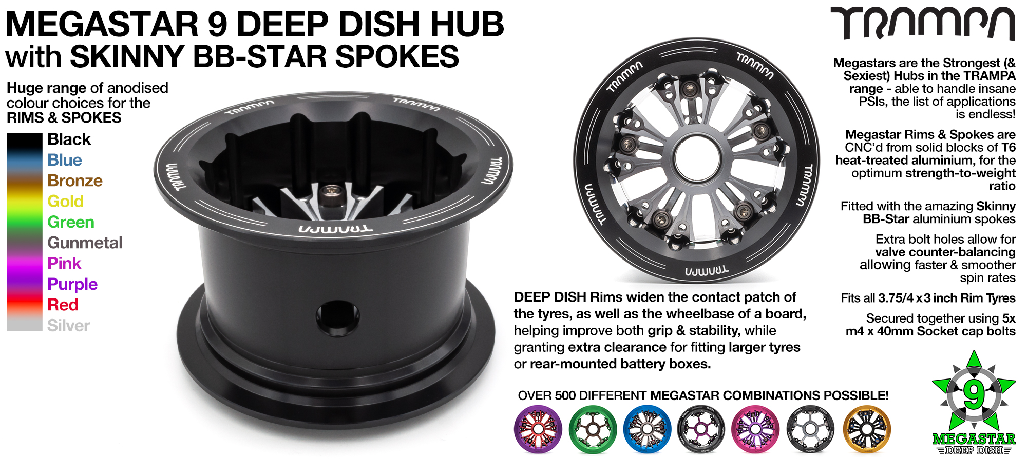TRAMPA's Custom 4 x 3 Inch DEEP-DISH MEGASTAR 9 Hub of your dreams!! Any combination possible & fits upto 10 inch tyres too!
