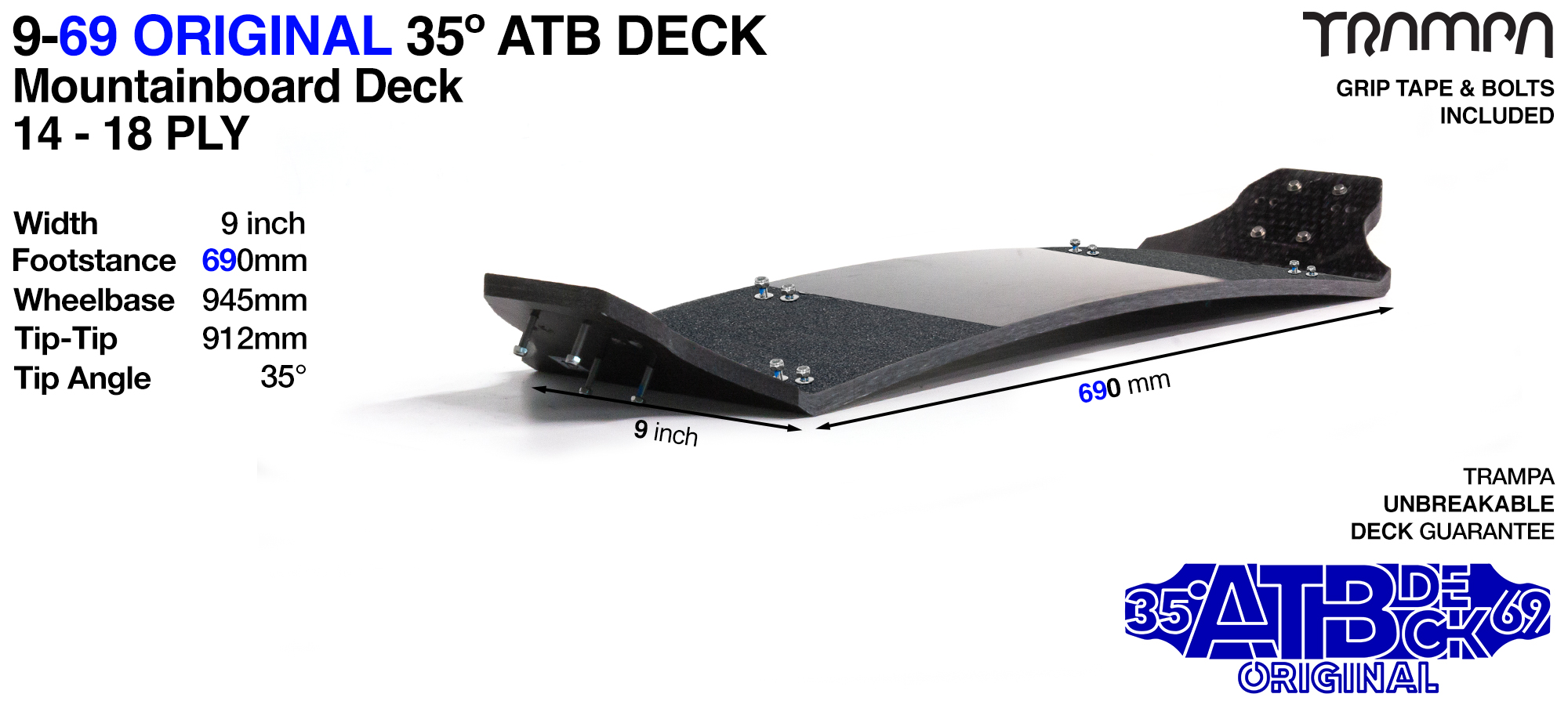 TRAMPA 35° 9/69 Un-Breakable Mountainboard Deck - Drilled, Edged, Fitted with JESSOP Grip tape & a Marine Grade Stainless Steel Hex Head Bolt kit 