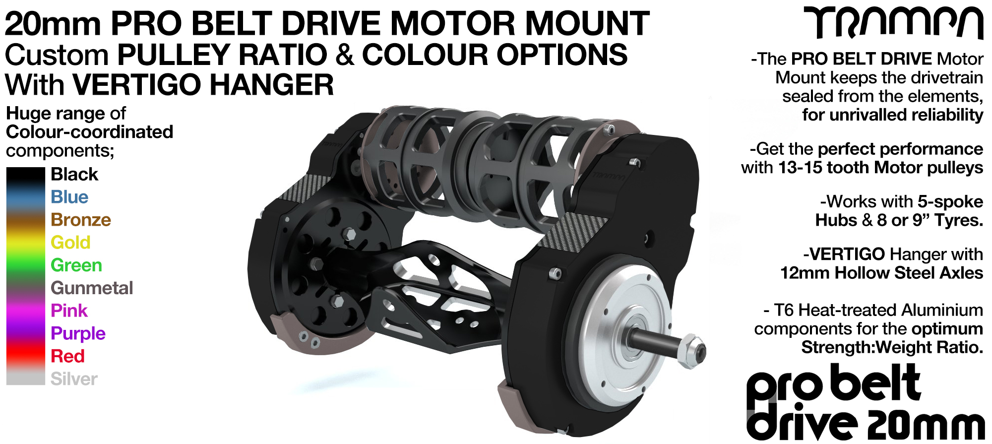 20mm PRO BELT DRIVE Motor Mounts with PULLEYS & FILTERS mounted with Hanger - NO Motors