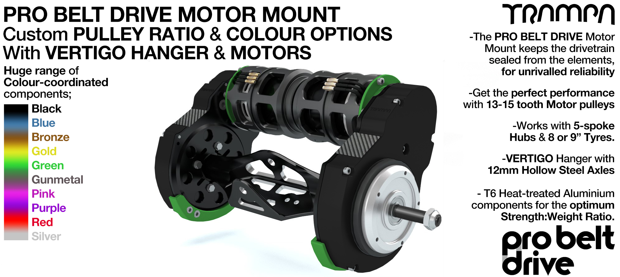 16mm PRO BELT DRIVE LOADED Motor Mounts MOTORS, PULLEYS & Motor PROTECTION FILTERS mounted on a CNC Hanger 